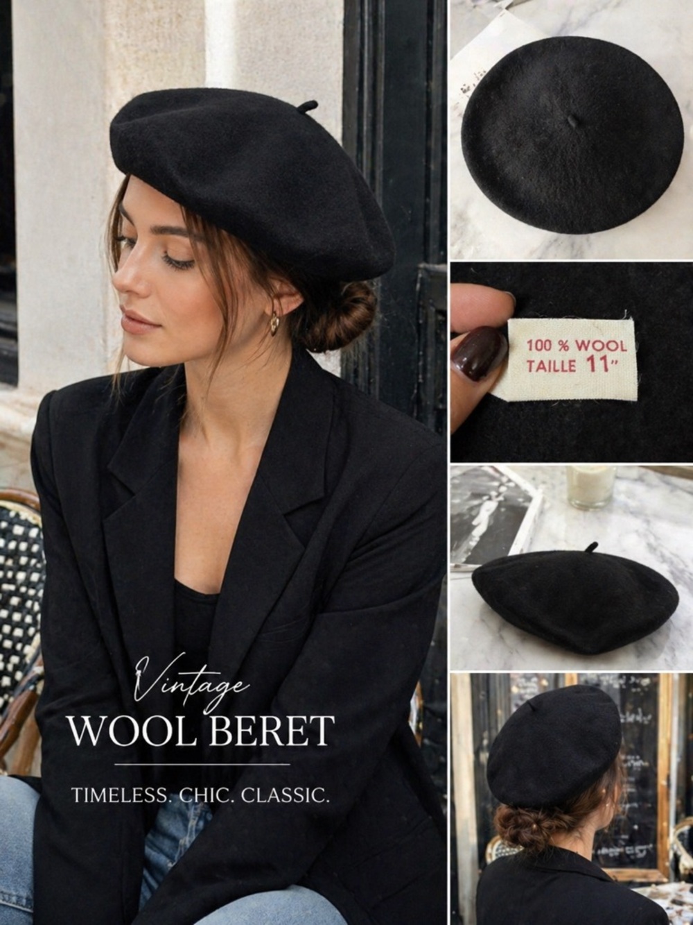 Vintage Black Wool Beret French Style Minimalist Aesthetic Hat